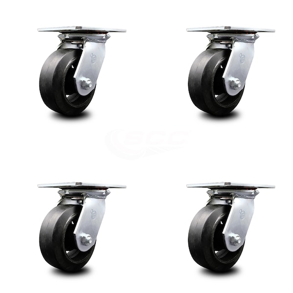 5 Inch Heavy Duty Rubber on Steel Caster Set with Ball Bearings SCC, 4PK